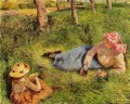 the snack child and young peasant at rest 1882 Camille Pissarro